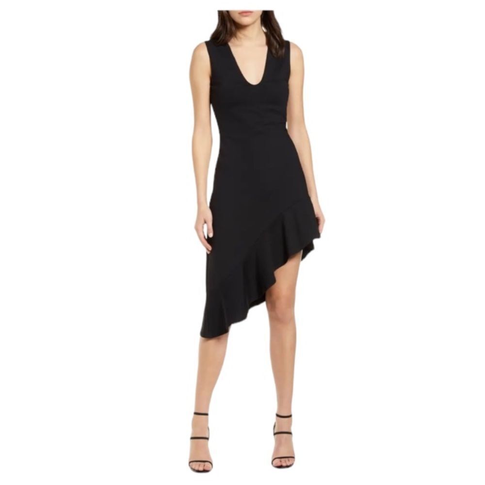 Susana Monaco Jersey Knit Ruffle Asymmetrical Hem Deep V Midi Dress Size XS